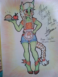 Size: 384x512 | Tagged: safe, artist:alejandraarelycc, granny smith, earth pony, anthro, unguligrade anthro, g4, apple, apple pie, blushing, clothes, female, food, pie, ponytail, shorts, smiling, solo, traditional art, tray, young granny smith, younger