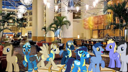 Size: 1920x1080 | Tagged: safe, artist:chainchomp2 edits, blues, crescent pony, doctor whooves, lucky clover, mane moon, noteworthy, soarin', star hunter, thorn (g4), thunderlane, time turner, earth pony, pegasus, pony, g4, hotel, irl, lobby, male, photo, ponies in real life, stallion