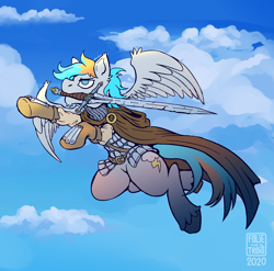Size: 1920x1900 | Tagged: safe, artist:folieatrois, oc, oc only, oc:shade flash, pegasus, pony, armor, cloak, clothes, cloud, dungeons and dragons, flying, knight, male, mouth hold, pen and paper rpg, rpg, signature, simple background, sky, spread wings, stallion, sword, unshorn fetlocks, weapon, wings