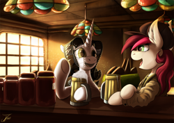 Size: 1750x1237 | Tagged: safe, artist:jamescorck, oc, oc:appleale, oc:movie slate, earth pony, pony, unicorn, bar, cap, cider, clothes, colored, conversation, digital art, duo, earth pony oc, female, hat, hooves, horn, looking at each other, looking at someone, mare, mug, open mouth, pub, smiling, unicorn oc