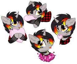 Size: 1864x1548 | Tagged: safe, artist:unichan, oc, oc only, oc:moonshine, pony, unicorn, clothes, collar, commission, cute, female, flannel, flannel shirt, heart, heart pillow, hoofless socks, pillow, simple background, solo, stockings, thigh highs, tongue out, transparent background, ych result