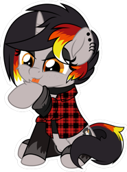 Size: 769x1040 | Tagged: safe, artist:jhayarr23, oc, oc only, oc:moonshine, pony, unicorn, behaving like a cat, cleaning, clothes, collar, commission, ear piercing, eyeshadow, female, flannel, flannel shirt, hoof licking, hoofless socks, licking, makeup, mare, multicolored mane, piercing, plaid, shirt, simple background, sitting, skirt, solo, stockings, thigh highs, tongue out, transparent background, ych result