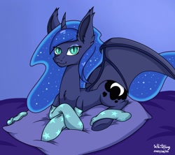 Size: 2200x1950 | Tagged: safe, artist:zackwhitefang, princess luna, alicorn, bat pony, bat pony alicorn, pony, :3, bat ponified, bat wings, bed, blue background, chest fluff, clothes, ear fluff, ear tufts, eyeshadow, fangs, female, horn, lidded eyes, looking at you, lying down, makeup, mare, missing accessory, pillow, prone, race swap, signature, simple background, slit pupils, smiling, socks, solo, spread wings, underhoof, wings