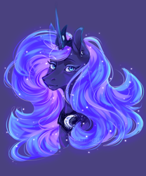 Size: 2000x2400 | Tagged: safe, artist:hazepages, princess luna, alicorn, pony, g4, bust, ear piercing, earring, ethereal mane, female, high res, jewelry, looking at you, mare, peytral, piercing, portrait, purple background, signature, simple background, smiling, solo, starry mane