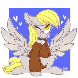 Size: 2048x2048 | Tagged: safe, artist:wutanimations, derpy hooves, pegasus, pony, g4, blushing, clothes, cute, derpabetes, female, heart, high res, hoodie, mare, one eye closed, simple background, smiling, solo, spread wings, weapons-grade cute, white background, wings, wink