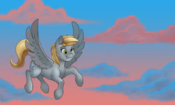 Size: 2801x1677 | Tagged: safe, artist:toonlumps, derpy hooves, pegasus, pony, g4, cloud, cute, derp, derpabetes, dusk, female, flying, mare, sky, solo, tongue out
