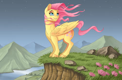 Size: 2048x1344 | Tagged: safe, artist:toonlumps, fluttershy, pegasus, pony, g4, cliff, female, flower, grass, mare, mountain, mountain range, night, river, rock, smiling, solo, stars, windswept mane