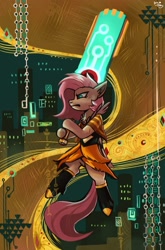 Size: 2640x4000 | Tagged: safe, artist:ami-gami, fluttershy, pegasus, pony, g4, clothes, crossover, dress, female, mare, solo, sword, transistor, weapon