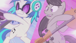 Size: 1920x1080 | Tagged: safe, edit, edited screencap, editor:slayerbvc, screencap, dj pon-3, octavia melody, vinyl scratch, earth pony, pony, unicorn, g4, season 5, slice of life (episode), accessory-less edit, bipedal, cello, female, headphones, insertavia, mare, missing accessory, musical instrument, record, turntable