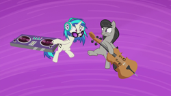 Size: 1920x1080 | Tagged: safe, edit, editor:slayerbvc, dj pon-3, octavia melody, vinyl scratch, earth pony, pony, unicorn, g4, slice of life (episode), accessory-less edit, bipedal, cello, female, mare, missing accessory, musical instrument, record, turntable