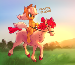 Size: 2025x1759 | Tagged: safe, artist:xbi, apple bloom, applejack, earth pony, horse, pony, g4, apple bloom's bow, apple sisters, applejack riding apple bloom, applejack's hat, blank flank, bow, bridle, cowboy hat, cute, duo, female, filly, foal, furry confusion, hair bow, hat, hoers, horse-pony interaction, horsified, jackabetes, mare, ponies riding horses, ponies riding ponies, riding, siblings, sisters, species swap, tack, wat