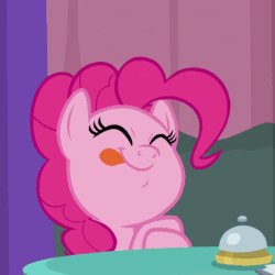 Size: 1080x1080 | Tagged: safe, screencap, pinkie pie, earth pony, pony, a trivial pursuit, g4, season 9, animated, bell, cropped, cute, diapinkes, female, gif, mare, perfect loop, solo, tongue out