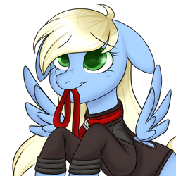 Size: 1200x1200 | Tagged: safe, artist:aniyishu, oc, oc only, oc:tailwind, pegasus, pony, fallout equestria, fallout equestria: frozen skies, clothes, collar, commission, cute, enclave, fanfic art, female, grand pegasus enclave, leash, mare, mouth hold, pet play, simple background, solo, white background, ych result