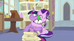 Size: 656x368 | Tagged: safe, screencap, spike, starlight glimmer, twilight sparkle, alicorn, dragon, pony, a horse shoe-in, g4, animated, hug, scroll, starlight's office, twilight sparkle (alicorn), winged spike, wings