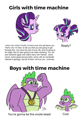Size: 1000x1500 | Tagged: safe, artist:thedriveintheatre, spike, starlight glimmer, dragon, pony, unicorn, g4, boys vs girls, crying, dialogue, female, filly, filly starlight glimmer, implied maud pie, implied trixie, male, mare, meme, older, older spike, pigtails, self ponidox, simple background, smiling, this will end in timeline distortion, time machine, white background, winged spike, wings, younger