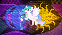 Size: 5120x2880 | Tagged: safe, artist:inaactive, artist:laszlvfx, edit, princess celestia, princess luna, pony, g4, abstract background, female, filly, show accurate, wallpaper, wallpaper edit, woona, younger
