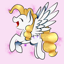 Size: 2270x2299 | Tagged: safe, artist:kathepart, surprise, pegasus, pony, g1, adoraprise, cute, eyes closed, female, flying, happy, high res, open mouth, open smile, pink background, simple background, smiling, solo