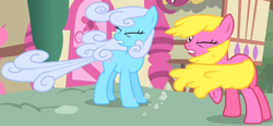 Size: 1902x879 | Tagged: safe, screencap, cherry berry, linky, shoeshine, earth pony, pony, g4, the show stoppers, butt, clothes, cropped, duo, female, mare, plot, tail, wind