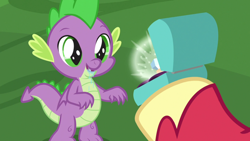 Size: 1920x1080 | Tagged: safe, screencap, big macintosh, spike, dragon, g4, the big mac question, drool, jewelry, male, ring, wedding ring, winged spike, wings