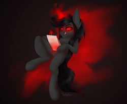 Size: 3516x2880 | Tagged: safe, artist:teelastrie, oc, oc only, oc:nub, pony, unicorn, drawing, glowing eyes, glowing horn, high res, horn, magic, red and black oc, red eyes, simple background, solo, tongue out