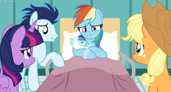 Size: 1217x657 | Tagged: safe, artist:lahryssastardash, applejack, rainbow dash, soarin', twilight sparkle, oc, oc:rainbow blaze, alicorn, pony, g4, baby, baby pony, bed, crying, delivery, female, foal, happy, hat, hospital, hospital bed, male, mane, newborn, offspring, parent:rainbow dash, parent:soarin', parents:soarindash, ship:soarindash, shipping, smiling, straight, twilight sparkle (alicorn)