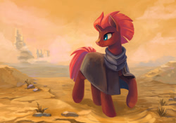 Size: 1600x1119 | Tagged: safe, artist:maytee, tempest shadow, pony, unicorn, g4, broken horn, cloak, clothes, desert, female, horn, journey, looking away, mare, outdoors, raised hoof, smiling, solo, turned head