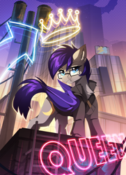 Size: 3000x4152 | Tagged: safe, artist:redchetgreen, oc, oc only, oc:moondew, bat pony, pony, bat pony oc, bat wings, city, female, glasses, high res, mare, neon, neon sign, solo, wings