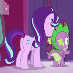 Size: 480x480 | Tagged: safe, screencap, spike, starlight glimmer, dragon, pony, unicorn, a-dressing memories, g4, my little pony: friendship is forever, butt, cropped, duo, female, glimmer glutes, male, mare, plot, winged spike, wings