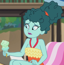 Size: 1792x1825 | Tagged: safe, screencap, leafy mint, equestria girls, g4, my little pony equestria girls: better together, turf war, background human, clothes, cropped, female, food, ice cream, milf, one-piece swimsuit, solo, swimsuit