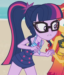 Size: 1370x1601 | Tagged: safe, screencap, sci-twi, sunset shimmer, twilight sparkle, equestria girls, g4, my little pony equestria girls: better together, unsolved selfie mysteries, clothes, cropped, female, geode of telekinesis, glasses, magical geodes, ponytail, sci-twi swimsuit, sleeveless, swimsuit
