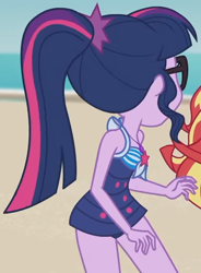 Size: 1178x1601 | Tagged: safe, screencap, sci-twi, sunset shimmer, twilight sparkle, equestria girls, g4, my little pony equestria girls: better together, unsolved selfie mysteries, clothes, cropped, female, geode of telekinesis, glasses, magical geodes, ponytail, sci-twi swimsuit, sleeveless, solo, swimsuit
