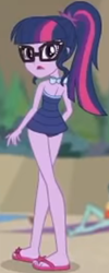 Size: 616x1547 | Tagged: safe, screencap, sci-twi, twilight sparkle, equestria girls, g4, my little pony equestria girls: better together, unsolved selfie mysteries, back line, clothes, confused, cropped, female, glasses, looking over shoulder, open mouth, open-back swimsuit, ponytail, rear end, rear view, sci-twi swimsuit, sleeveless, solo, swimsuit