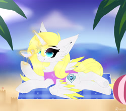 Size: 4000x3500 | Tagged: safe, artist:sunnlich, artist:suwiti, oc, oc only, oc:sweetie shy, alicorn, pony, alicorn oc, beach, beach ball, clothes, cloud, cloudy, cocktail, complex background, cutie mark, ear fluff, enjoying, fluffy, happy, high res, horn, magic, palm tree, relaxing, sandcastle, smiling, swimsuit, tongue out, tree, wings