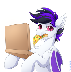 Size: 1488x1492 | Tagged: safe, artist:strafe blitz, oc, oc only, bat pony, pony, bust, cel shading, cheek fluff, chest fluff, concave belly, ear fluff, eating, food, hoof hold, leg fluff, looking at you, mouth hold, mushroom, pizza, pizza box, shading, slender, slit pupils, solo, thin