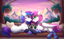 Size: 3502x2160 | Tagged: safe, artist:strafe blitz, oc, oc only, oc:annie berryheart, oc:ellie berryheart, pegasus, pony, unicorn, clothes, high res, horn, looking at each other, lying down, mountain, on side, pillow, plant pot, prone, scenery, slender, socks, striped socks, thin, wings