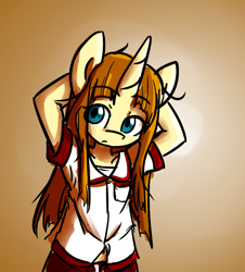 Size: 648x718 | Tagged: safe, artist:spheedc, oc, oc only, oc:honey desire, unicorn, semi-anthro, clothes, digital art, female, gradient background, mare, messy hair, school uniform, solo