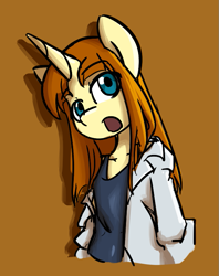 Size: 587x741 | Tagged: safe, artist:spheedc, oc, oc only, oc:honey desire, unicorn, semi-anthro, clothes, digital art, female, lab coat, mare, shirt, simple background, solo, undershirt