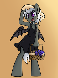 Size: 1494x2022 | Tagged: safe, artist:spheedc, oc, oc only, oc:midnight, bat pony, pony, semi-anthro, arm hooves, basket, bat pony oc, bat wings, clothes, digital art, dress, female, flower, hat, mare, solo, sun hat, wings