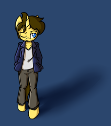 Size: 847x962 | Tagged: safe, artist:spheedc, oc, oc only, oc:dream chaser, unicorn, semi-anthro, clothes, digital art, jacket, male, shadow, simple background, solo, stallion