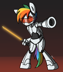 Size: 1818x2078 | Tagged: safe, artist:spheedc, oc, oc only, pony, robot, robot pony, semi-anthro, cannon, commission, digital art, glowing sword, gradient background, multicolored hair, rainbow hair, solo