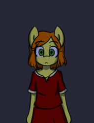 Size: 650x850 | Tagged: safe, artist:spheedc, oc, oc only, oc:sweet corn, earth pony, semi-anthro, adorable distress, animated, arm hooves, blushing, clothes, cute, digital art, dress, female, gif, mare, scared, simple background, solo, teary eyes