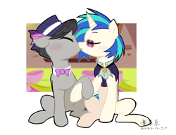 Size: 2600x2000 | Tagged: safe, artist:yaco, dj pon-3, octavia melody, vinyl scratch, earth pony, pony, unicorn, a hearth's warming tail, g4, alternate hairstyle, blushing, bowtie, clothes, eyes closed, female, glasses, hat, high res, holding hooves, kiss on the lips, kissing, lesbian, mare, raised hoof, ship:scratchtavia, shipping, sitting, sunglasses, vest, victrola scratch