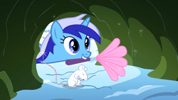 Size: 1280x720 | Tagged: safe, screencap, minuette, mouse, pony, unicorn, g4, season 1, winter wrap up, background pony, critters, cute, duster, female, mare, minubetes, mouth hold, sneezing, solo, winter wrap up song