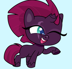 Size: 2740x2616 | Tagged: safe, artist:broniesplaying, tempest shadow, pony, unicorn, g4.5, my little pony: pony life, blue background, broken horn, cute, female, high res, horn, mare, one eye closed, raised hoof, simple background, solo, tempestbetes, wink
