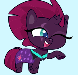 Size: 2740x2616 | Tagged: safe, artist:broniesplaying, tempest shadow, pony, unicorn, series:sprglitemplight diary, series:sprglitemplight life jacket days, series:springshadowdrops diary, series:springshadowdrops life jacket days, g4.5, my little pony: pony life, blue background, cute, female, high res, mare, raised hoof, simple background, solo, tempestbetes