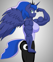 Size: 1343x1588 | Tagged: safe, artist:matchstickman, princess luna, alicorn, anthro, g4, butt, clothes, commission, female, gradient background, muscles, muscular female, pants, princess muscle moona, solo, tank top
