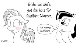Size: 1200x675 | Tagged: safe, artist:pony-berserker, trixie, twilight sparkle, alicorn, pony, pony-berserker's twitter sketches, g4, 4th wall break, blushing, breaking the fourth wall, female, grin, halftone, implied lesbian, implied shipping, implied startrix, mare, monochrome, nervous, nervous smile, partial color, shrunken pupils, smiling, speech bubble, sweat, sweatdrop, twilight sparkle (alicorn)