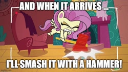 Size: 666x375 | Tagged: safe, edit, edited screencap, screencap, fluttershy, pegasus, pony, g4.5, my little pony: pony life, unboxing day, box, caption, female, fluttershy's unboxing vlog, hammer, image macro, mare, solo, text, the emperor's new groove, yzma