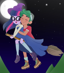 Size: 2100x2400 | Tagged: safe, artist:cxpcakes, sci-twi, timber spruce, twilight sparkle, equestria girls, g4, broom, clothes, costume, couple, cute, digital art, female, flying, flying broomstick, hat, high res, male, moon, night, scary, shipping, straight, timberbetes, timbertwi, twiabetes, witch, witch hat