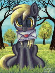 Size: 512x680 | Tagged: safe, artist:dreamyskies, derpy hooves, pegasus, pony, g4, autumn, background pony, blushing, cloud, cloudy, complex background, cute, derpabetes, detailed, detailed background, female, grass, looking at you, love letter, mare, scenery, signature, sitting, solo